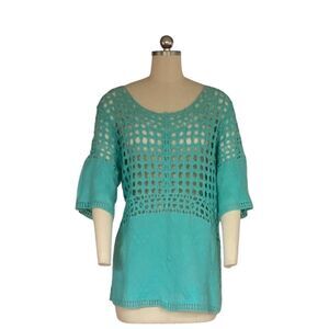 Lane Bryant Women's Blue Crochet Knit 3/4 Sleeve Blouse Size L